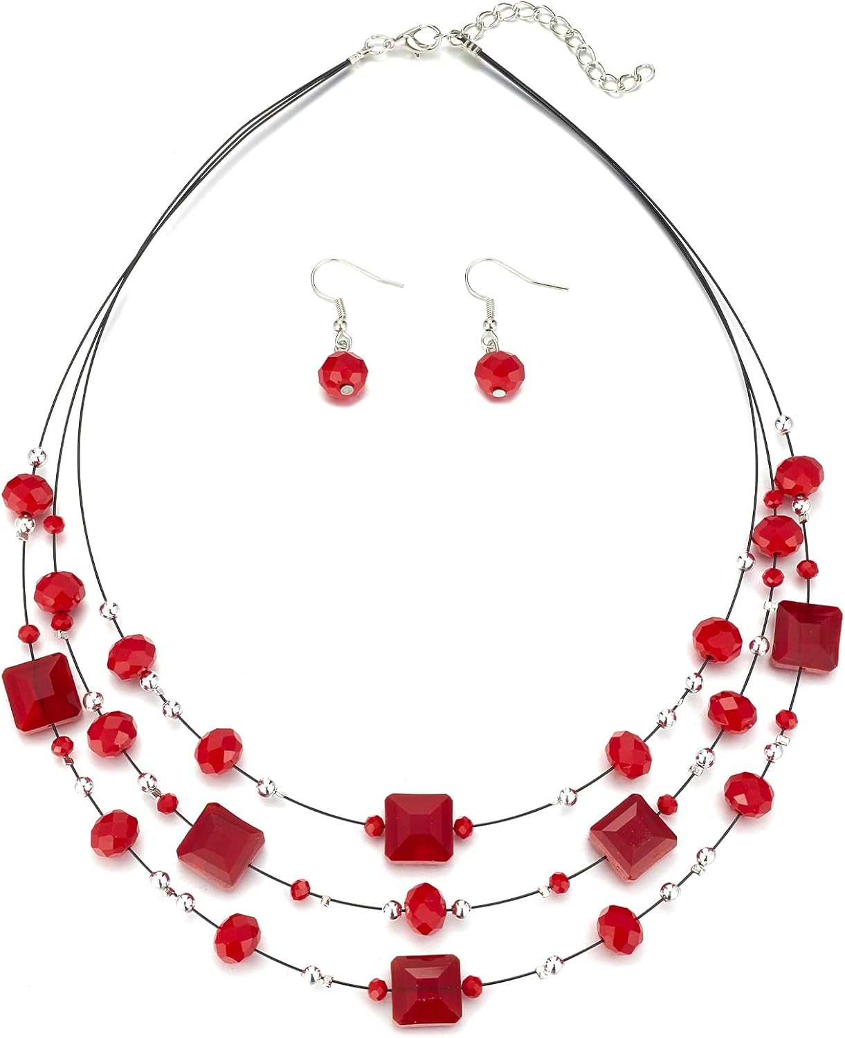 Layered Grey Beaded Necklace and Drop Earrings Set - Image 16