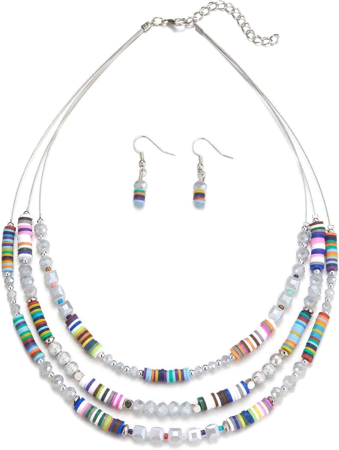 Layered Grey Beaded Necklace and Drop Earrings Set - Image 10