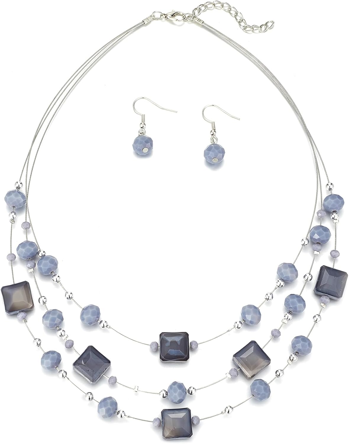 Layered Grey Beaded Necklace and Drop Earrings Set
