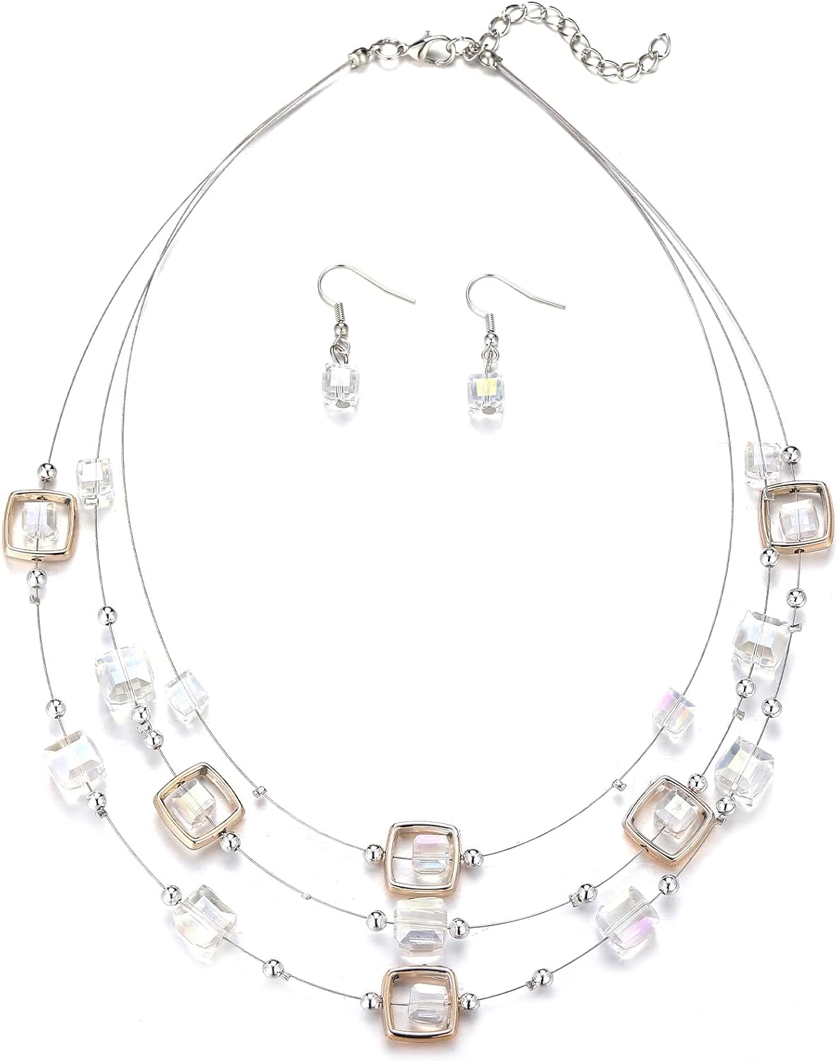 Layered Grey Beaded Necklace and Drop Earrings Set - Image 14