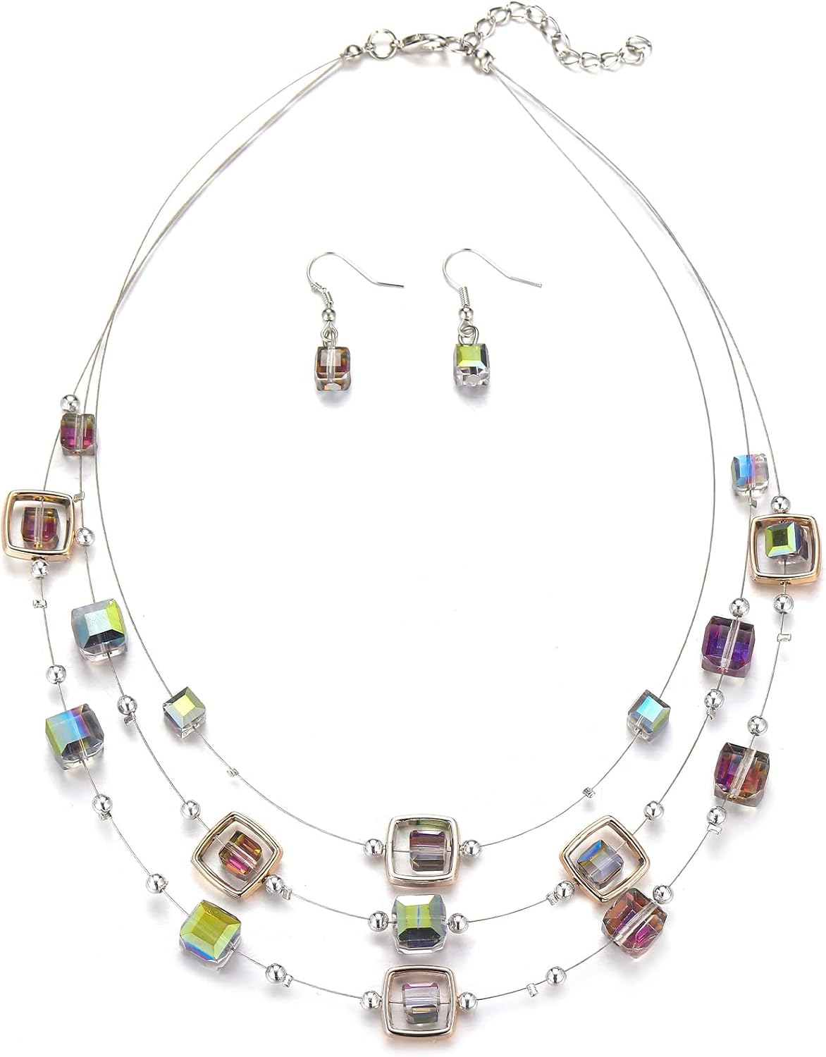 Layered Grey Beaded Necklace and Drop Earrings Set - Image 15