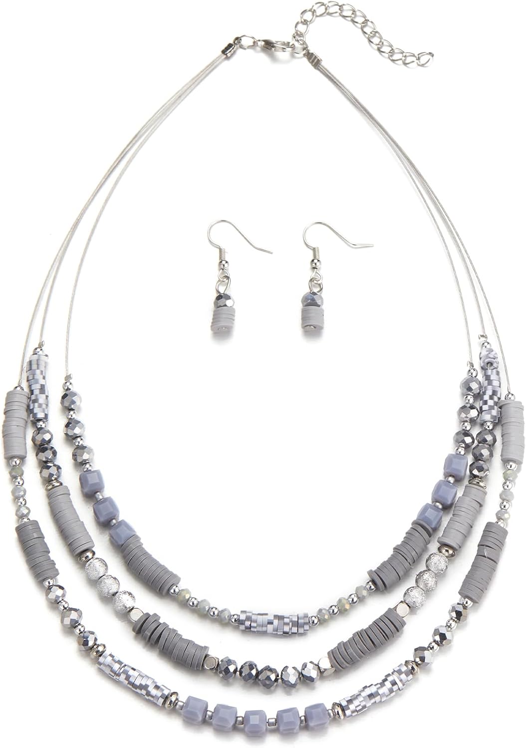 Layered Grey Beaded Necklace and Drop Earrings Set - Image 11
