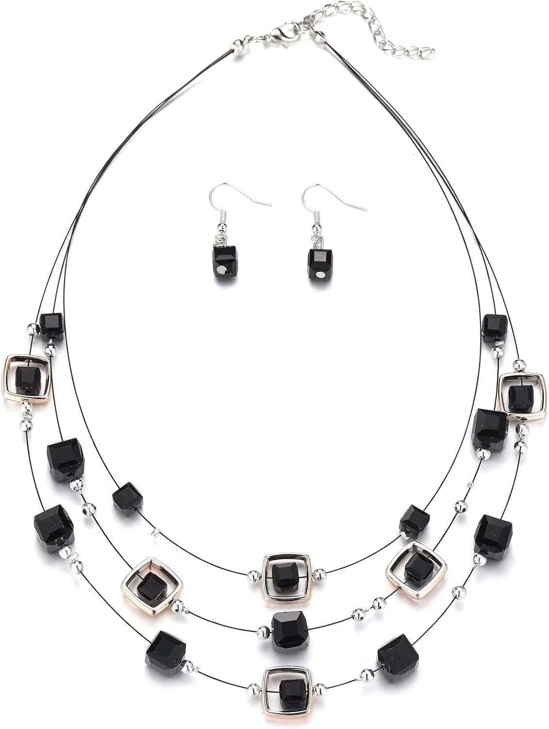 Layered Grey Beaded Necklace and Drop Earrings Set - Image 13