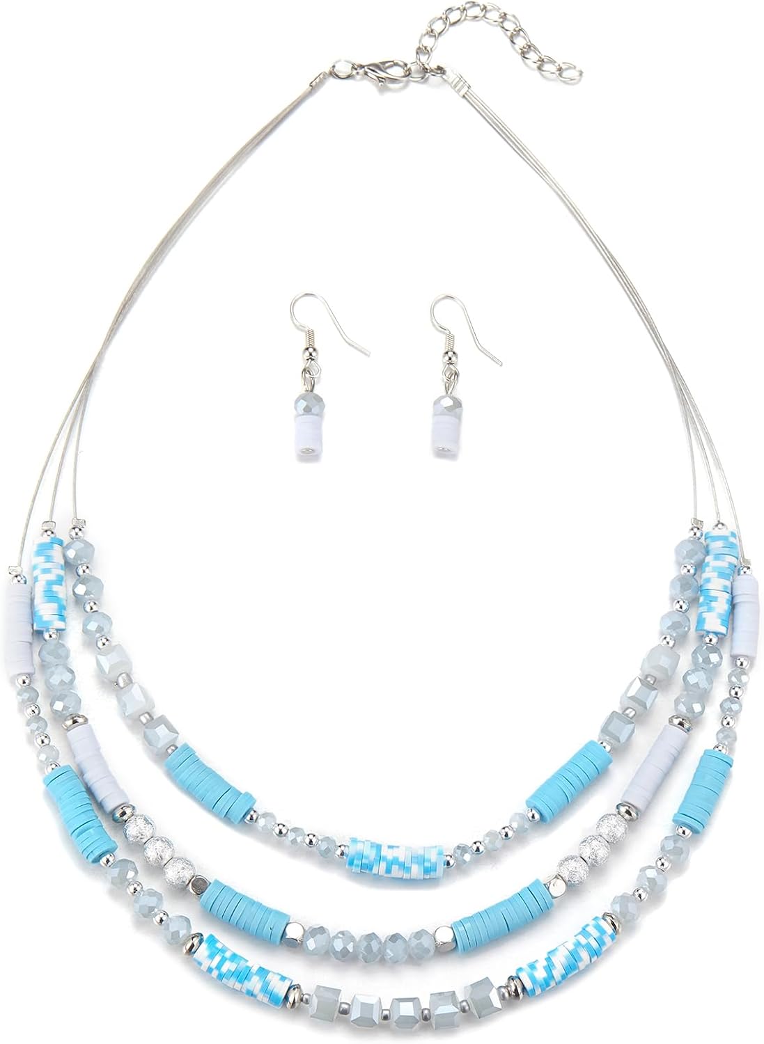 Layered Grey Beaded Necklace and Drop Earrings Set - Image 17