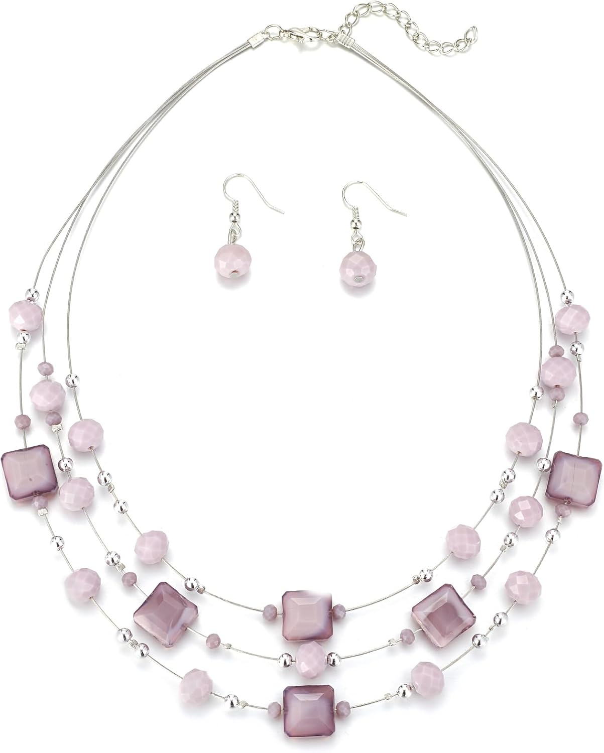 Layered Grey Beaded Necklace and Drop Earrings Set - Image 7