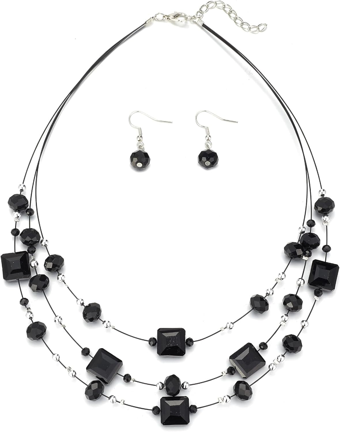 Layered Grey Beaded Necklace and Drop Earrings Set - Image 9