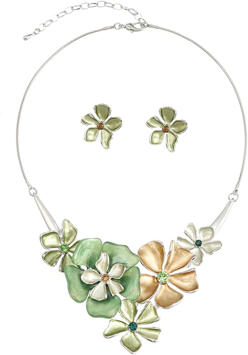 Multi-Tone Floral Statement Necklace and Stud Earrings Set - Image 10