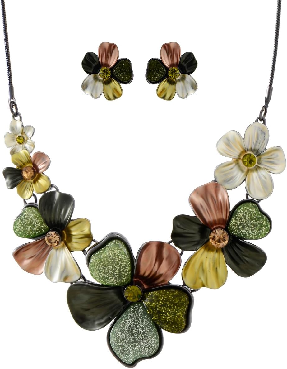 Multi-Tone Floral Statement Necklace and Stud Earrings Set