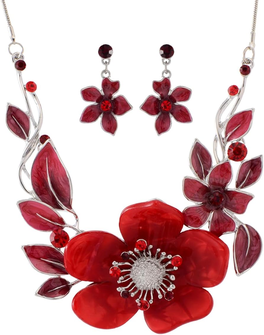 Red Floral Imitation Jewellery Set, Necklace and Earrings