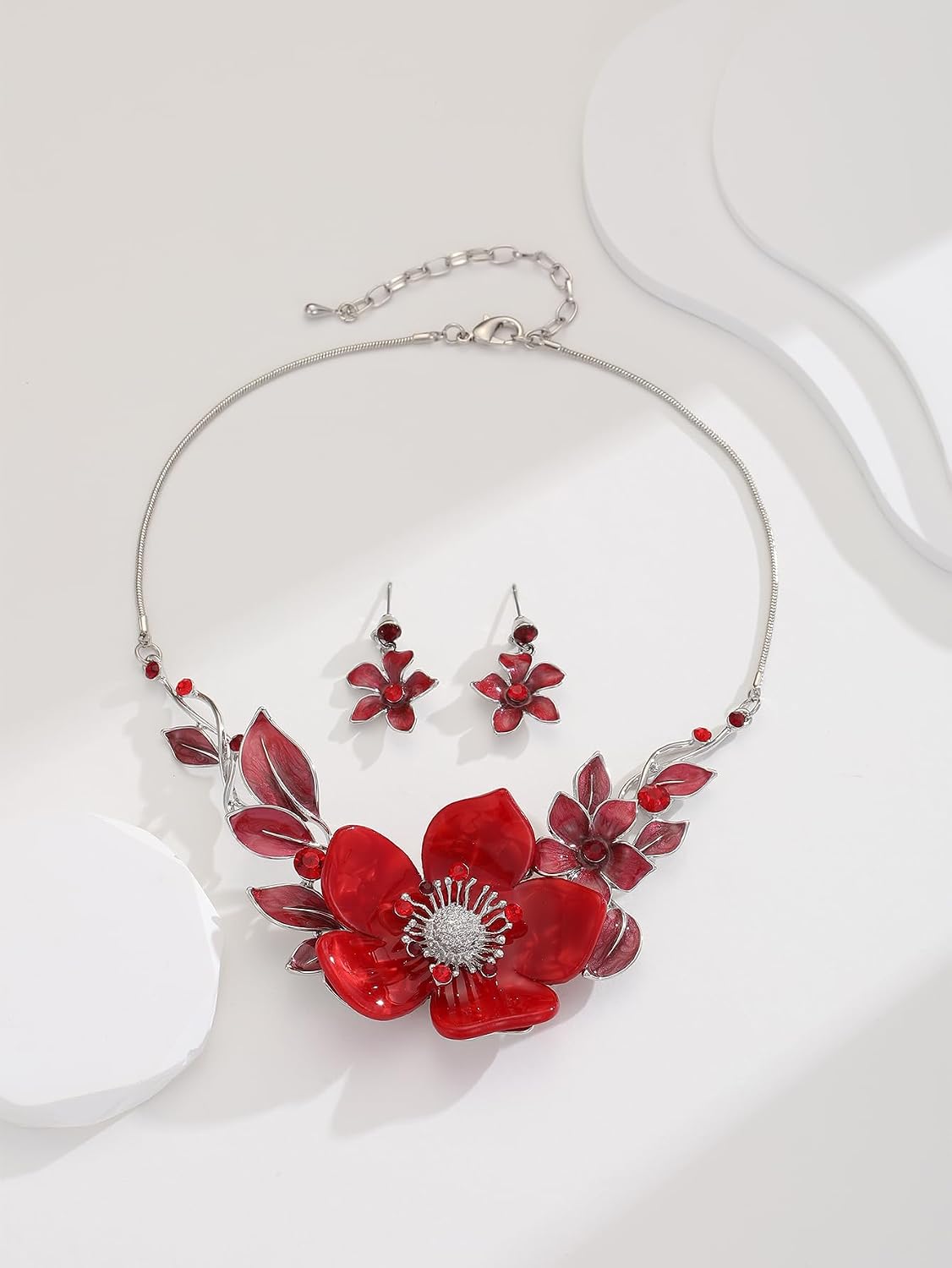 Red Floral Imitation Jewellery Set, Necklace and Earrings - Image 8