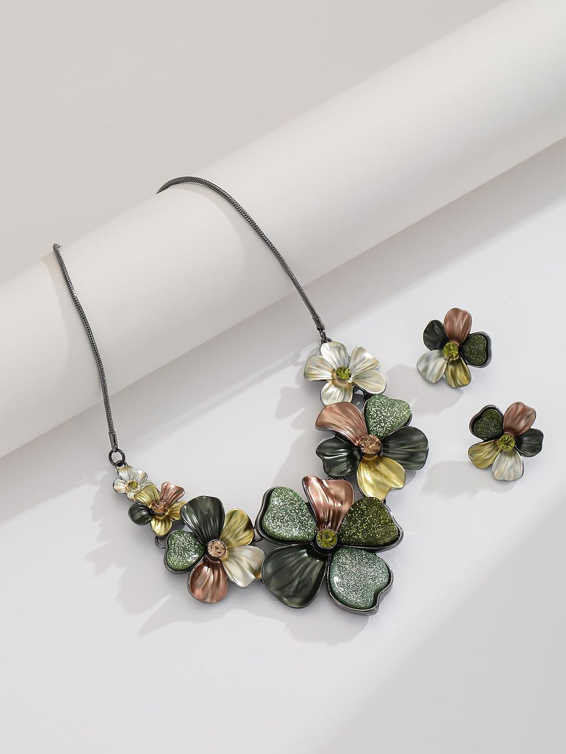 Multi-Tone Floral Statement Necklace and Stud Earrings Set - Image 8