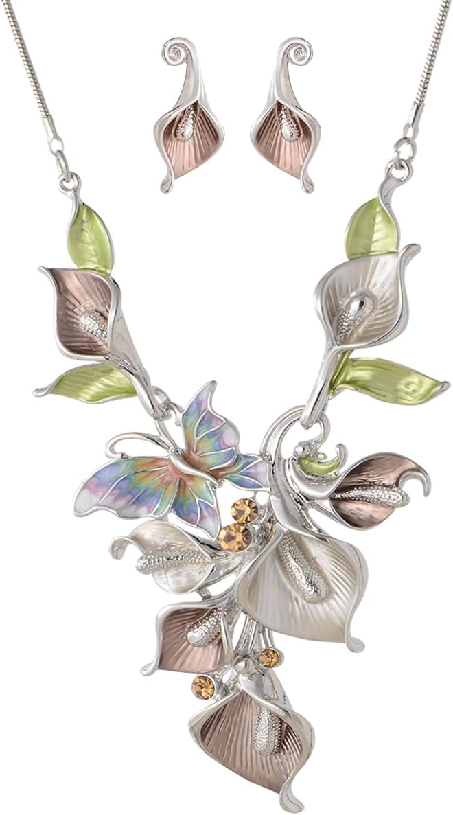 Multi-Tone Floral Statement Necklace and Stud Earrings Set - Image 16