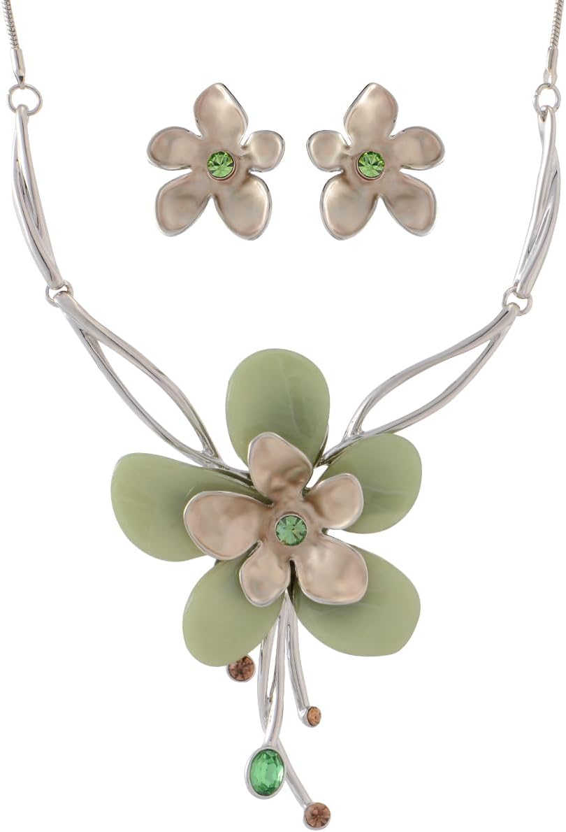 Multi-Tone Floral Statement Necklace and Stud Earrings Set - Image 18