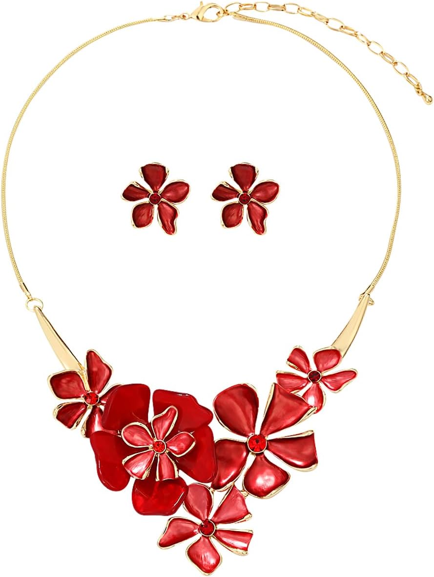 Multi-Tone Floral Statement Necklace and Stud Earrings Set - Image 14
