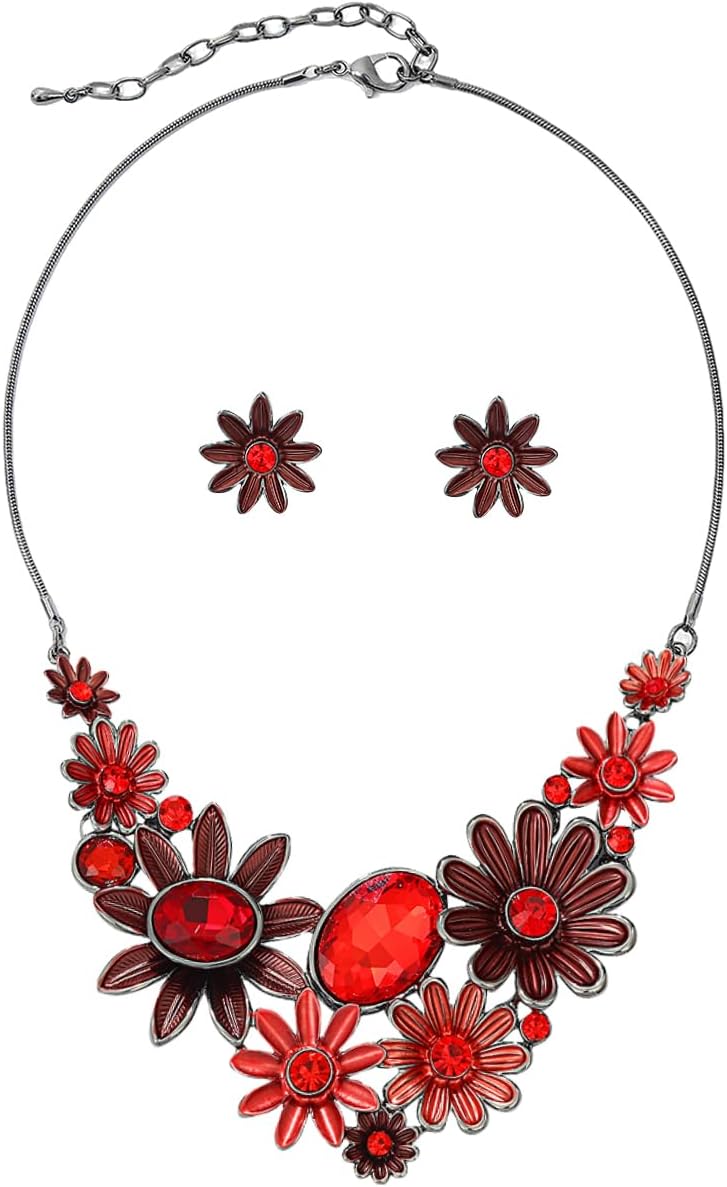 Multi-Tone Floral Statement Necklace and Stud Earrings Set - Image 32