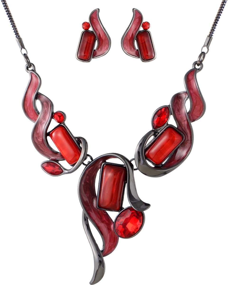 Red Floral Imitation Jewellery Set, Necklace and Earrings - Image 23