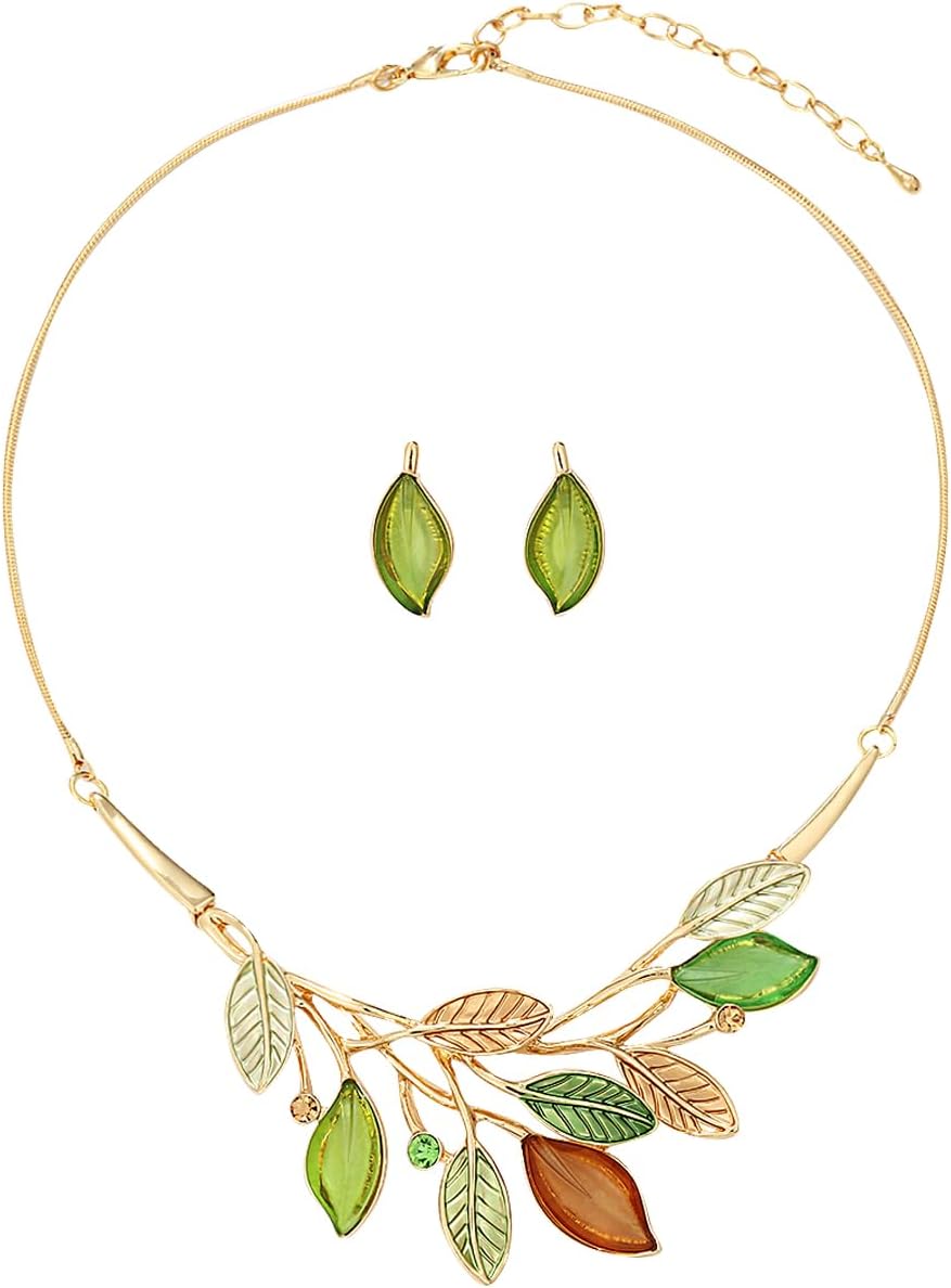 Blue Leaf Motif Necklace and Drop Earrings Set - Image 12