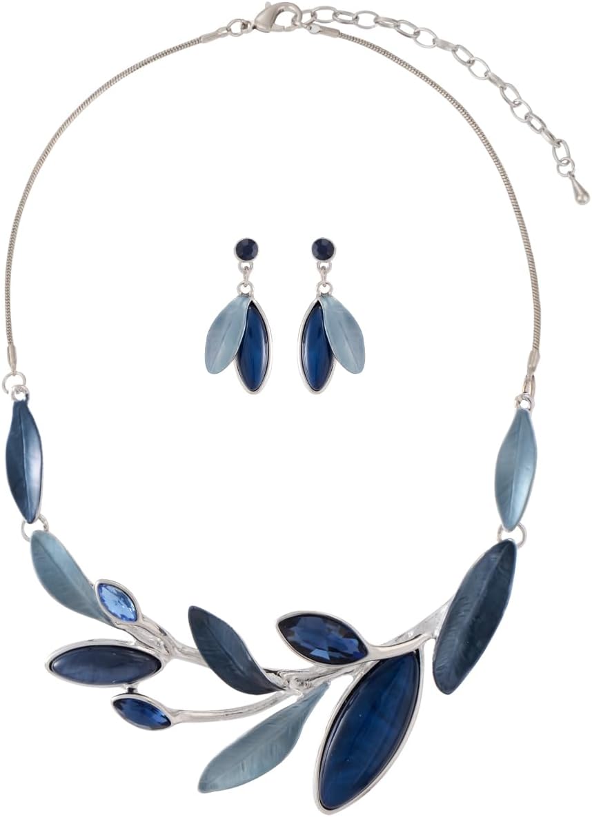 Blue Leaf Motif Necklace and Drop Earrings Set