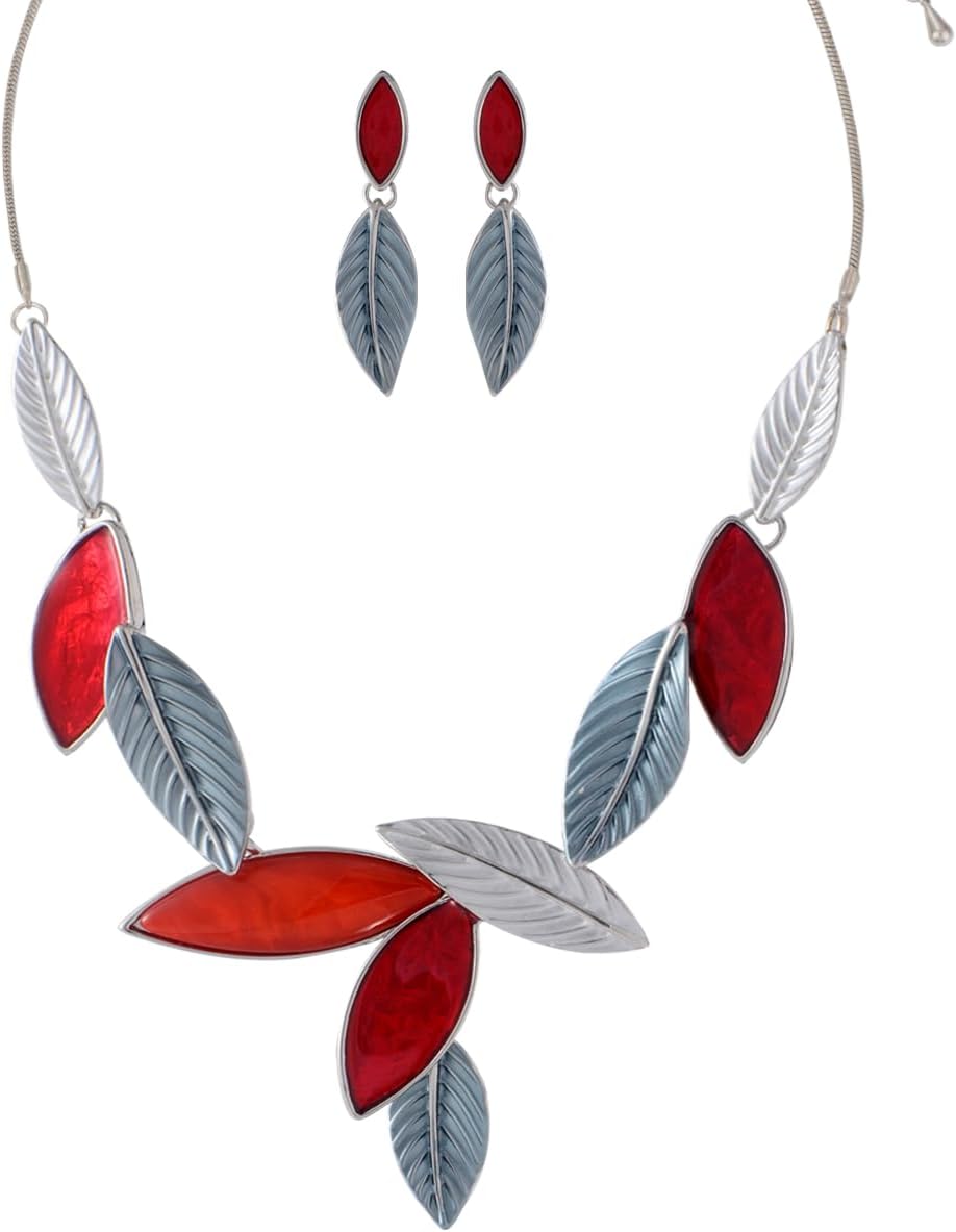 Blue Leaf Motif Necklace and Drop Earrings Set - Image 18