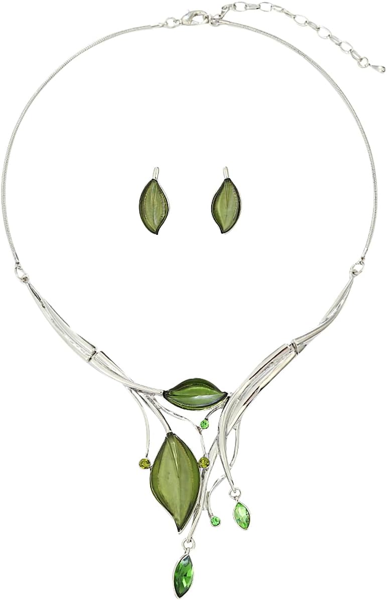 Blue Leaf Motif Necklace and Drop Earrings Set - Image 36