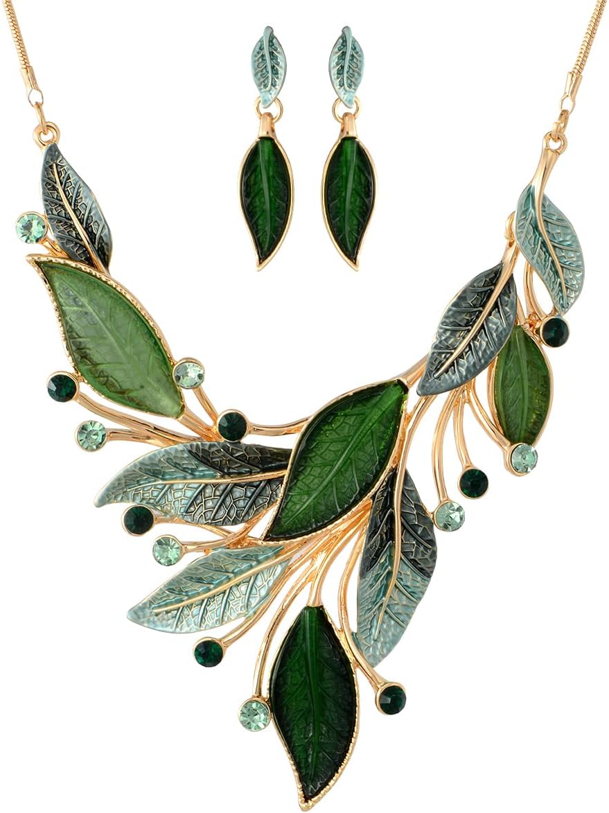 Blue Leaf Motif Necklace and Drop Earrings Set - Image 13