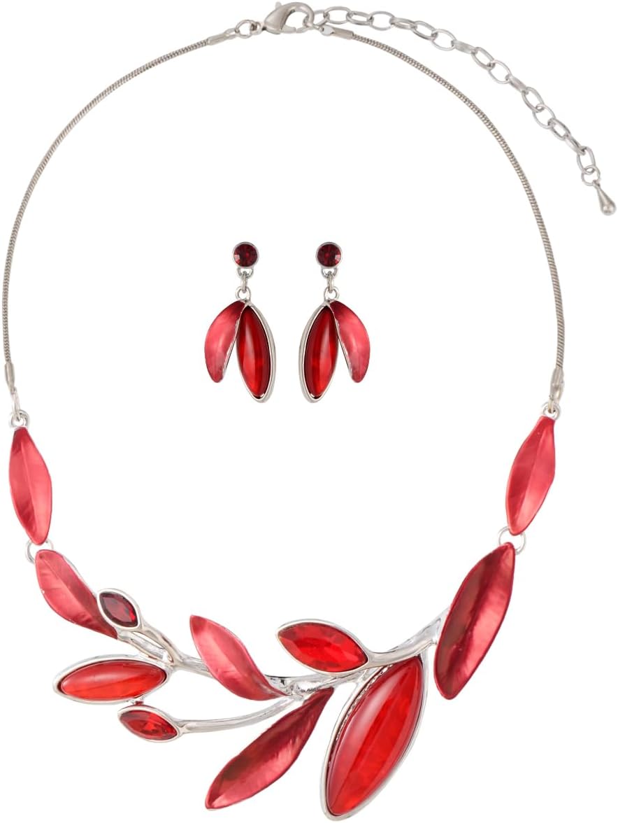 Blue Leaf Motif Necklace and Drop Earrings Set - Image 22