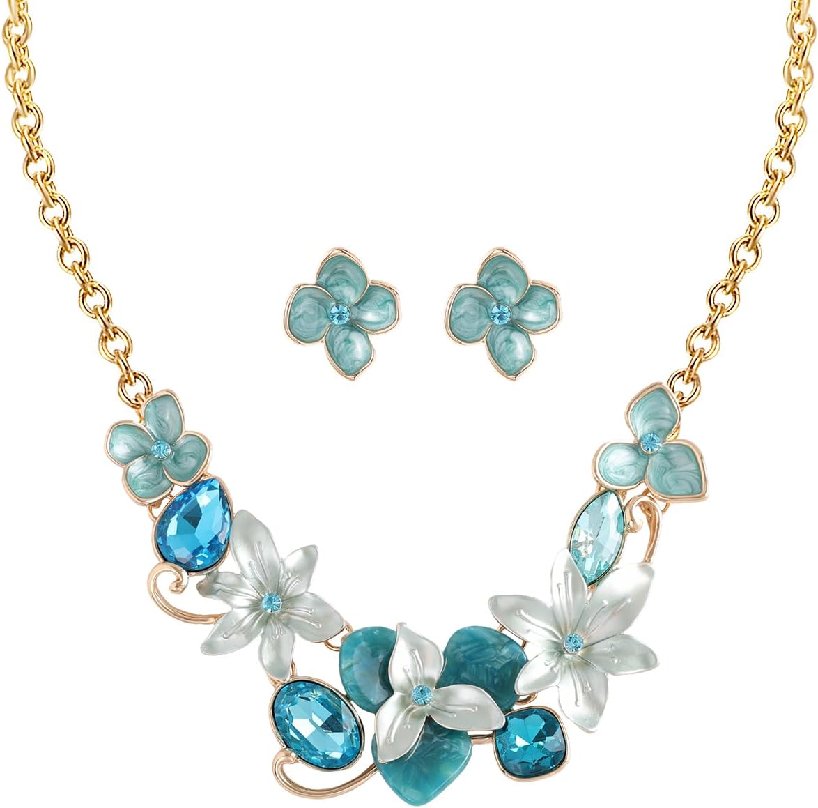 Blue Leaf Motif Necklace and Drop Earrings Set - Image 11