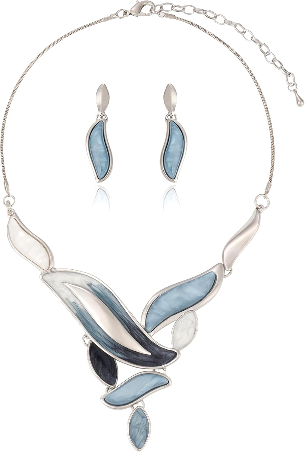 Blue Leaf Motif Necklace and Drop Earrings Set - Image 17