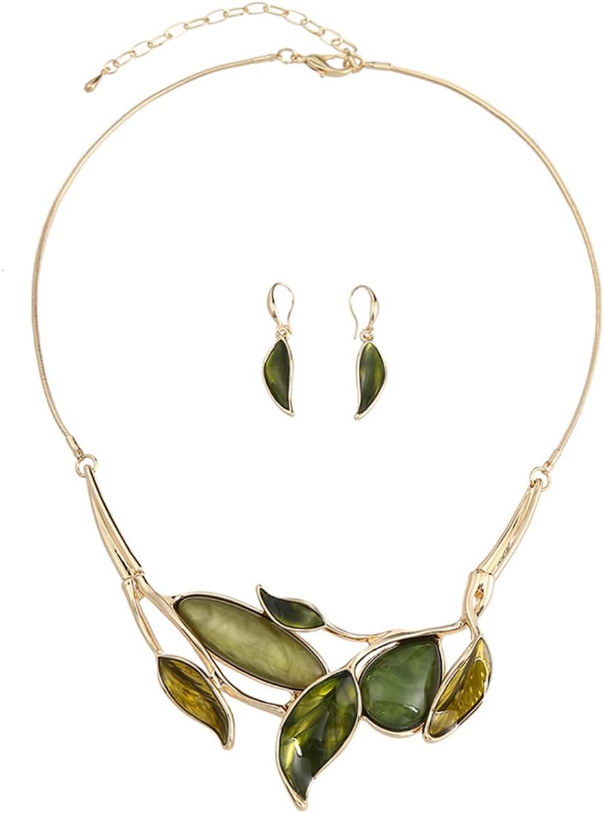 Blue Leaf Motif Necklace and Drop Earrings Set - Image 38