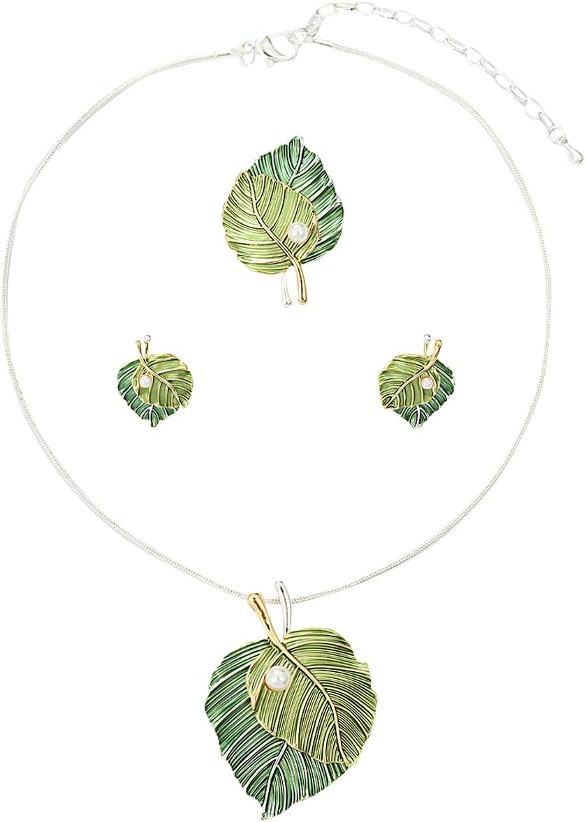 Blue Leaf Motif Necklace and Drop Earrings Set - Image 32