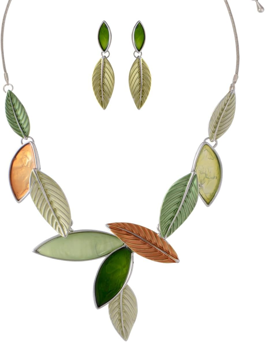 Blue Leaf Motif Necklace and Drop Earrings Set - Image 30