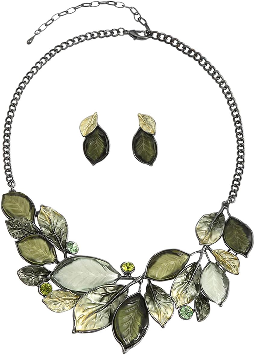 Blue Leaf Motif Necklace and Drop Earrings Set - Image 34