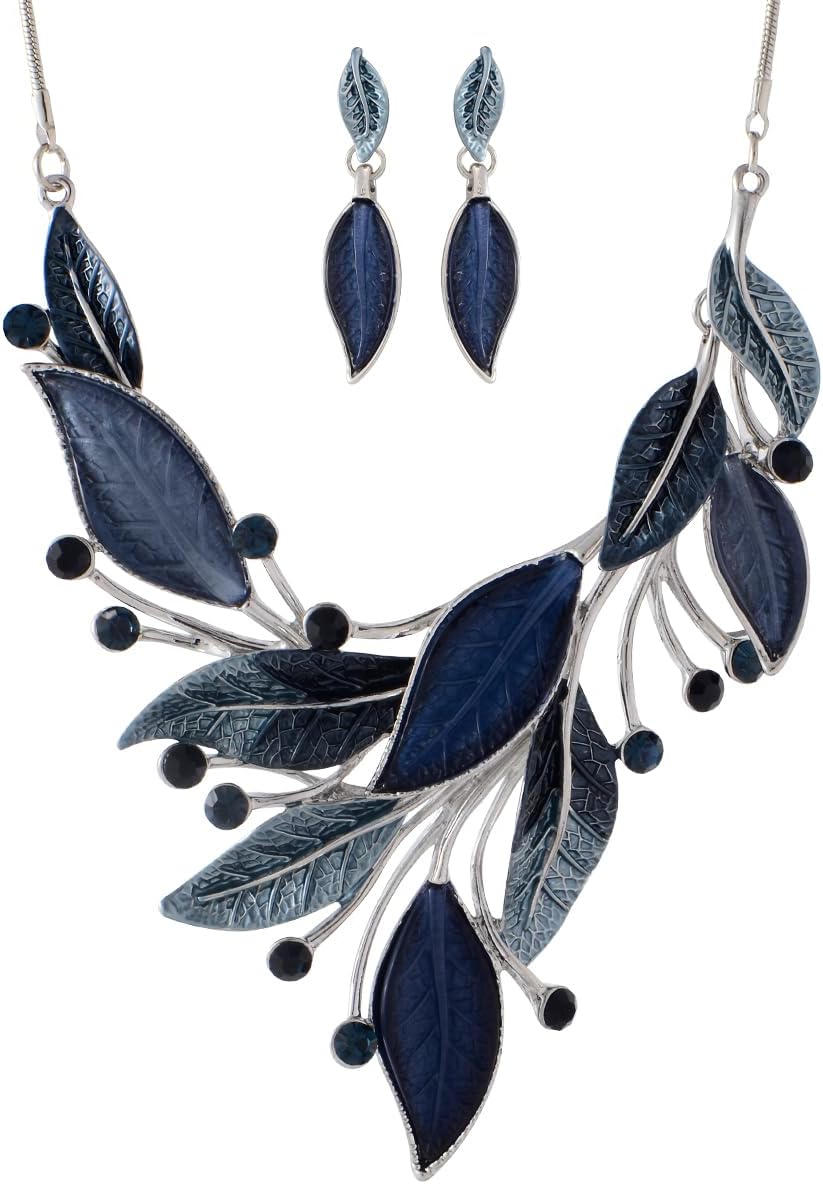 Blue Leaf Motif Necklace and Drop Earrings Set - Image 37