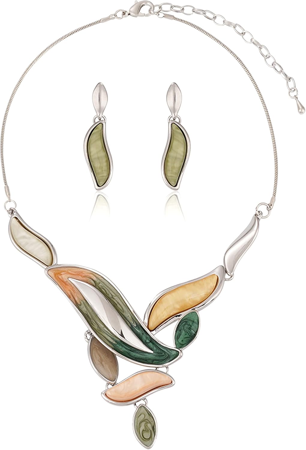Blue Leaf Motif Necklace and Drop Earrings Set - Image 20