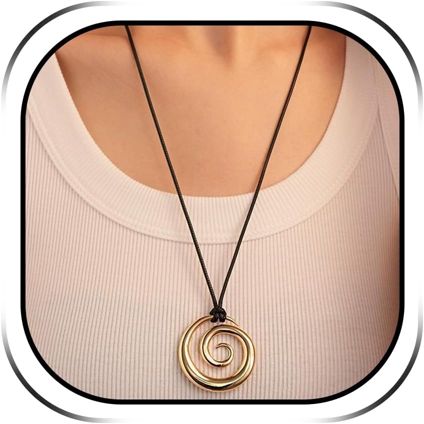 Abstract Gold Tone Pendant Necklace with Black Cord - Image 9