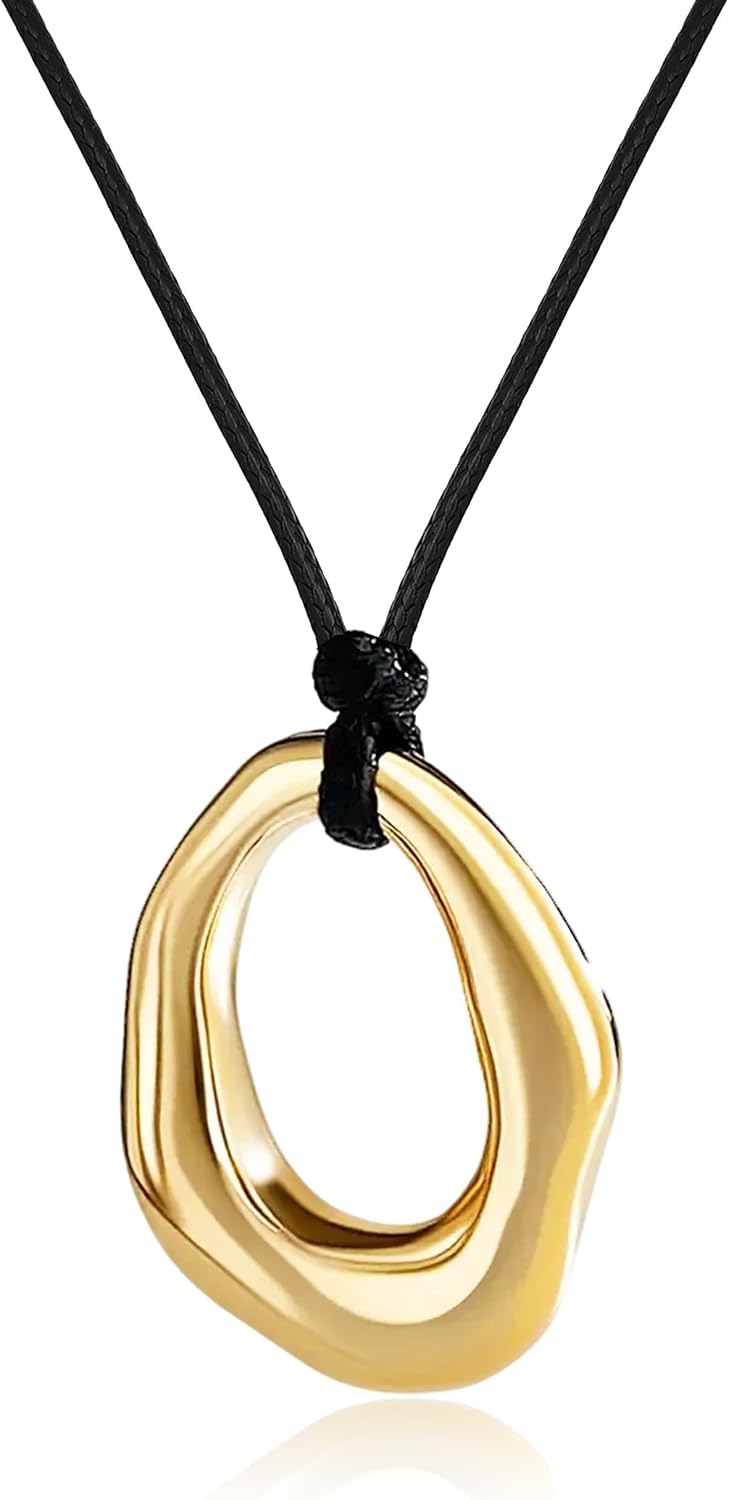 Abstract Gold Tone Pendant Necklace with Black Cord