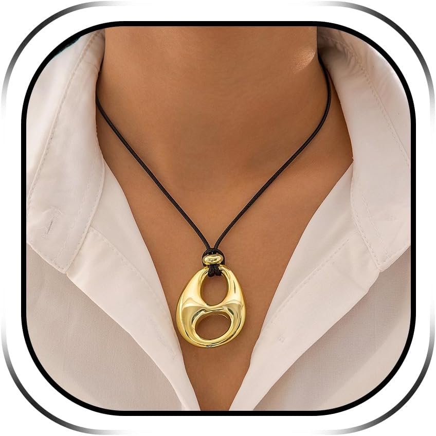 Abstract Gold Tone Pendant Necklace with Black Cord - Image 13
