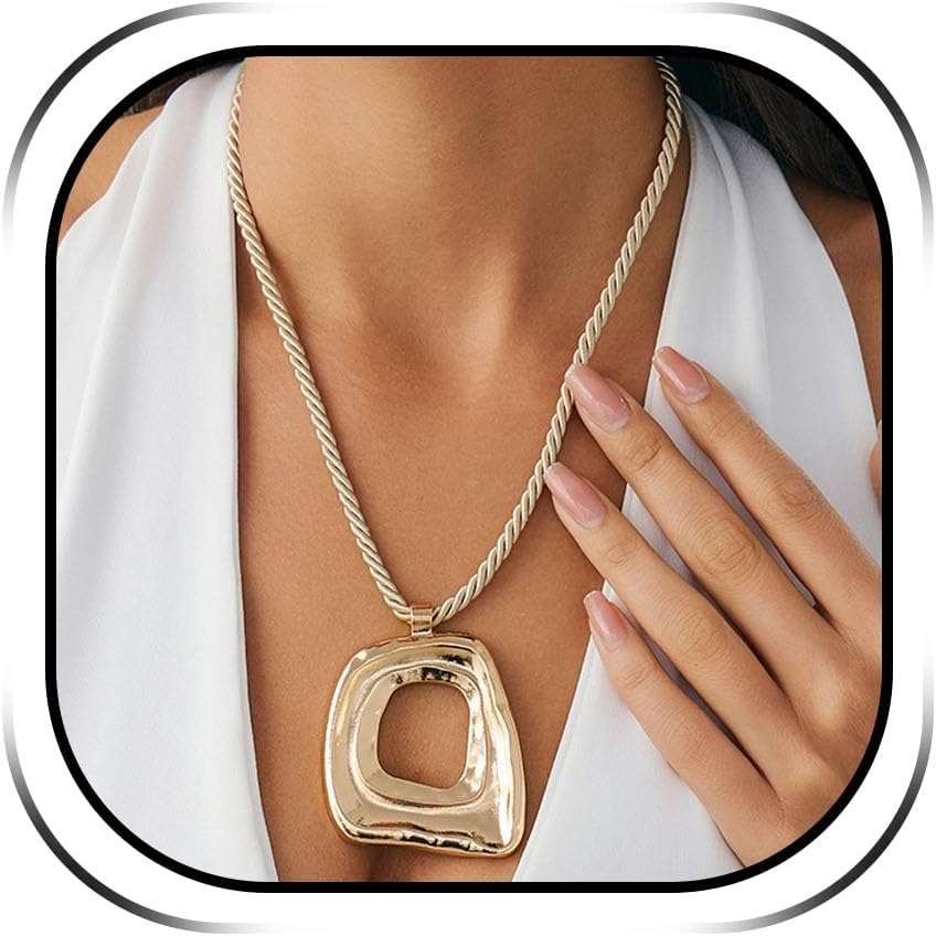 Abstract Gold Tone Pendant Necklace with Black Cord - Image 24