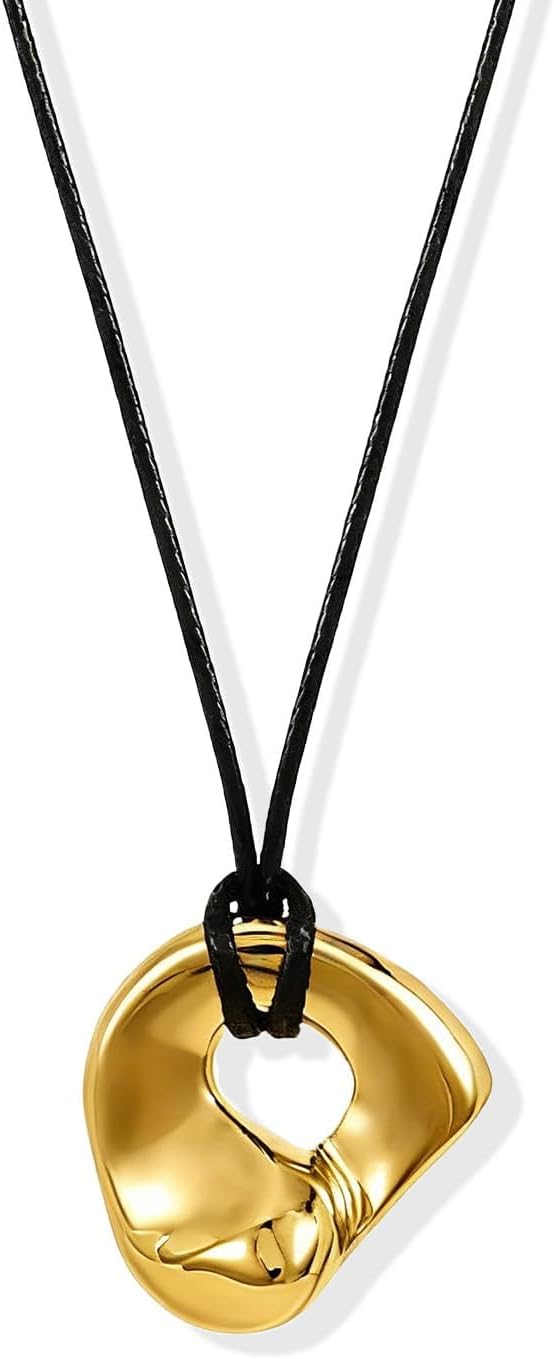 Abstract Gold Tone Pendant Necklace with Black Cord - Image 16
