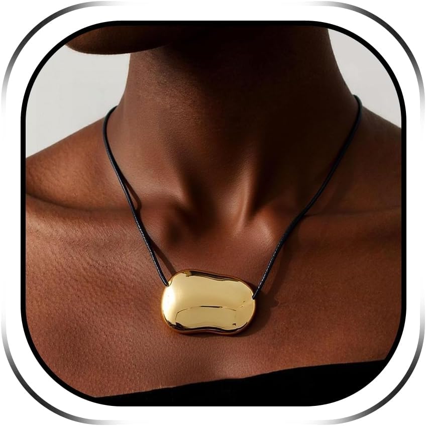 Abstract Gold Tone Pendant Necklace with Black Cord - Image 12