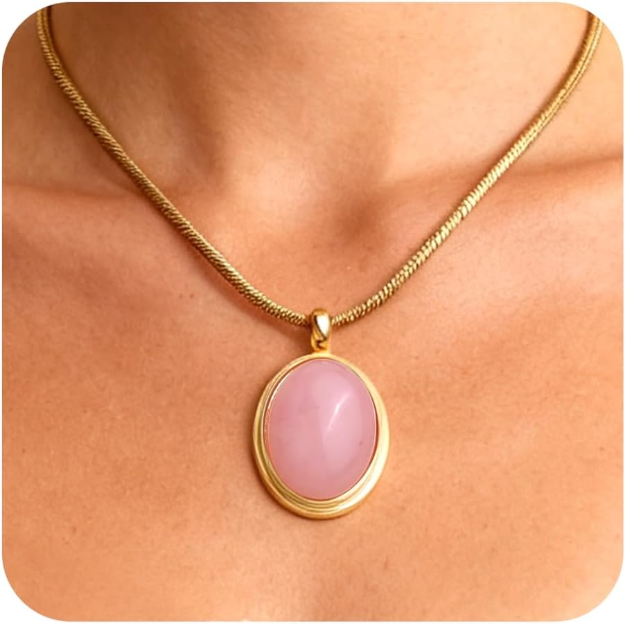 Gold Tone Oval Stone Pendant Necklace, Single Piece - Image 18