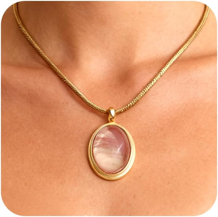 Gold Tone Oval Stone Pendant Necklace, Single Piece - Image 20