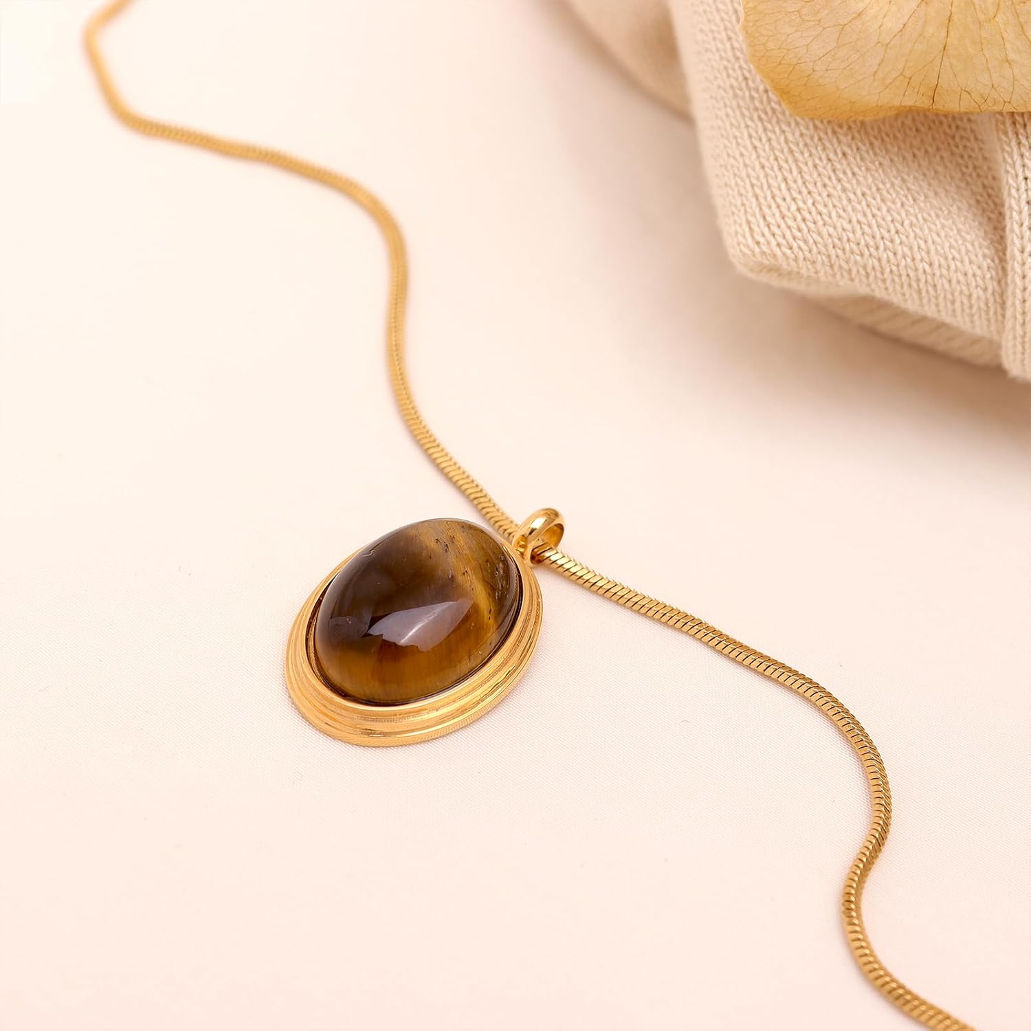 Gold Tone Oval Stone Pendant Necklace, Single Piece - Image 7