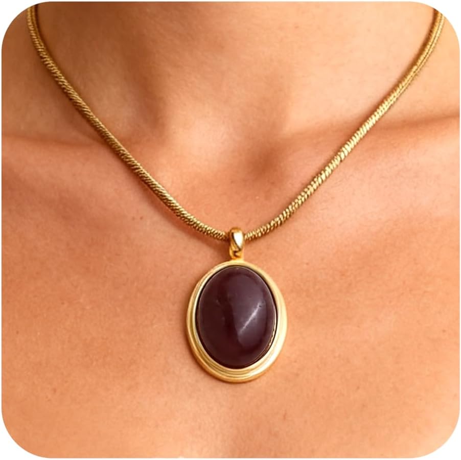 Gold Tone Oval Stone Pendant Necklace, Single Piece - Image 12