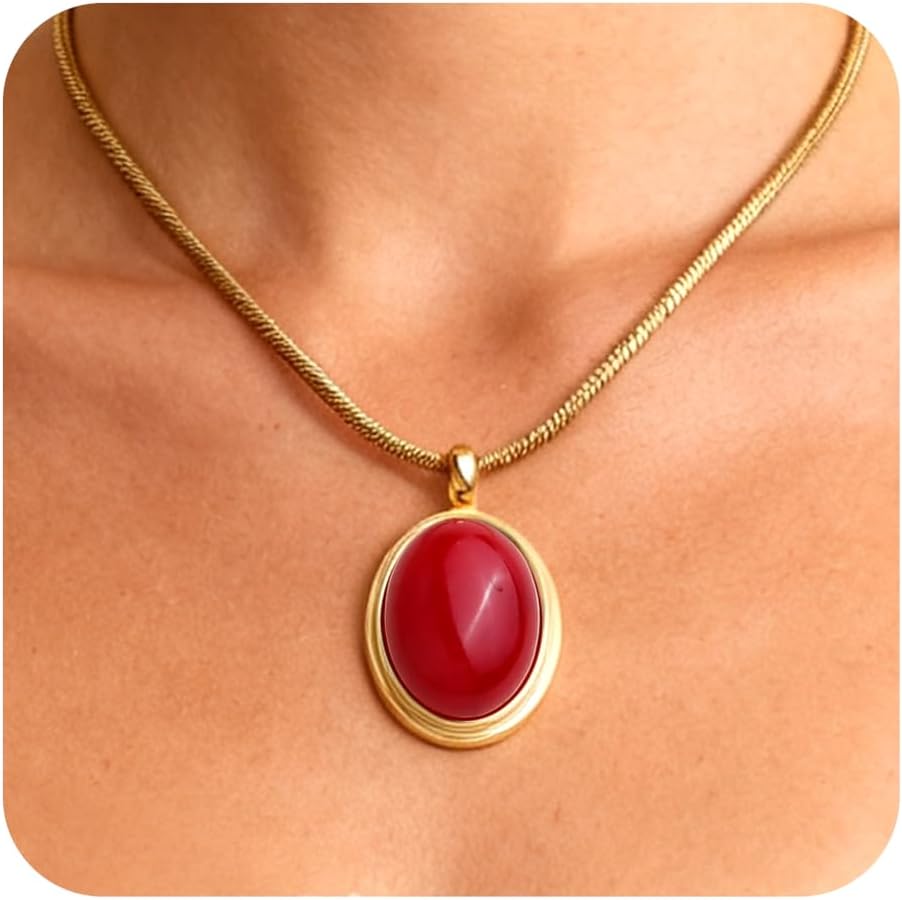 Gold Tone Oval Stone Pendant Necklace, Single Piece - Image 14