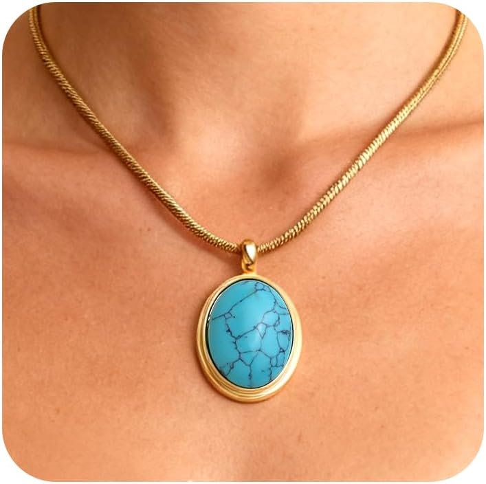 Gold Tone Oval Stone Pendant Necklace, Single Piece - Image 15