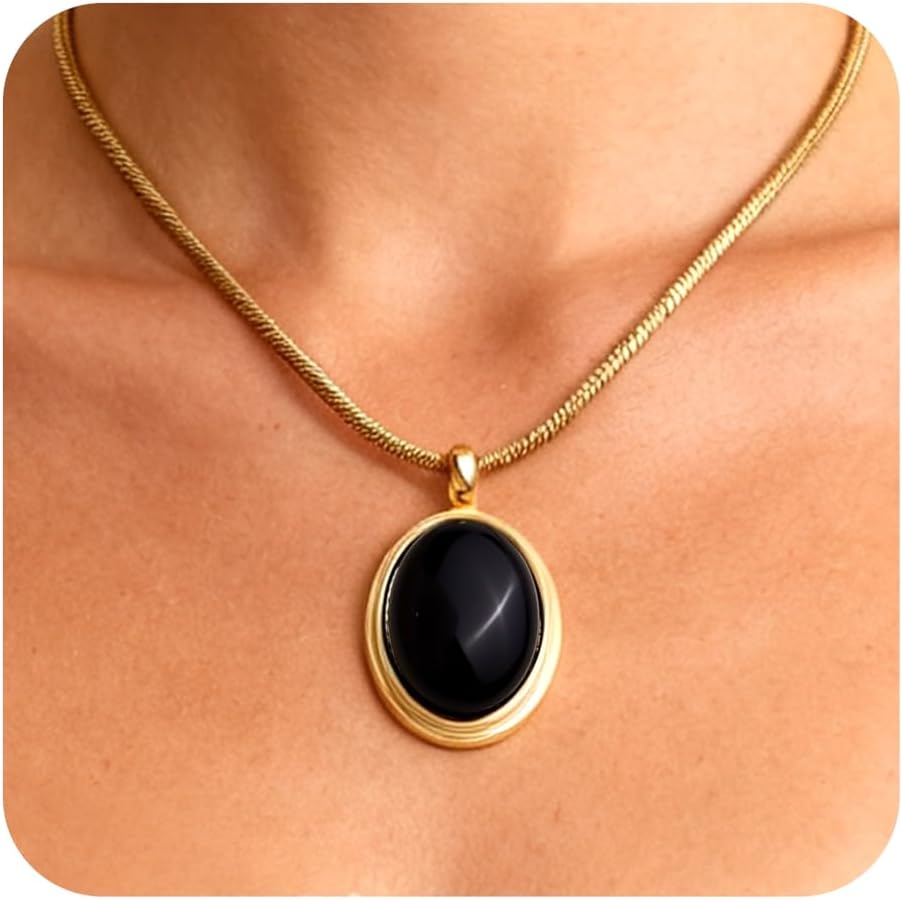 Gold Tone Oval Stone Pendant Necklace, Single Piece - Image 9
